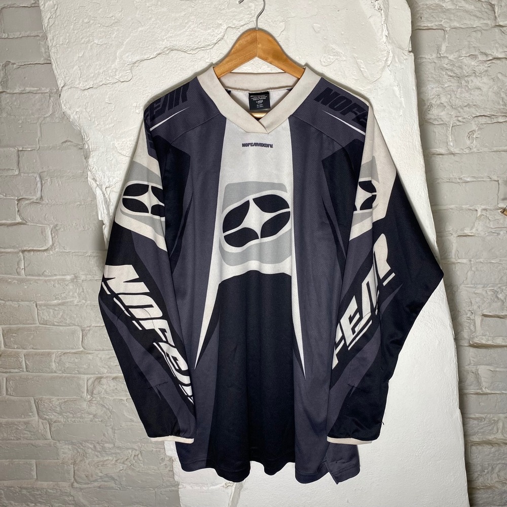 Vintage No Fear Motocross Jersey Mens XL Black Grey White Long Sleeve Y2K
